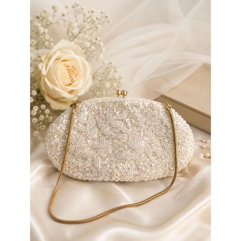 Vintage Ivory Beaded Sequin Evening Bag Bridal Glam Kiss Lock Purse Cocktail